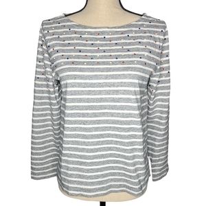 J. Crew 3/4 Sleeve Top Medium Grey and White Striped Rhinestone Boatneck